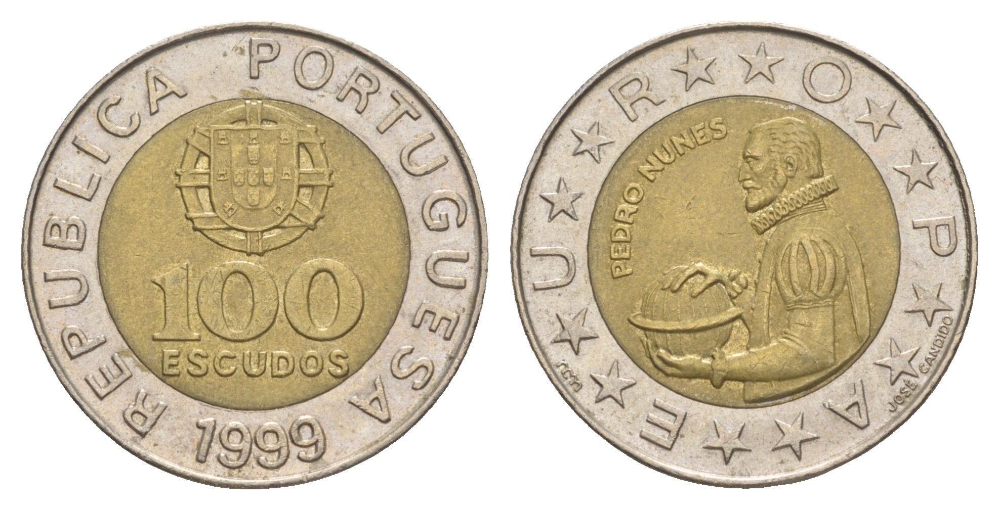 Португалия 100 эскудо 1999 Педру Нуниш (1502-1578), математик KM 645 биметалл 4566-325