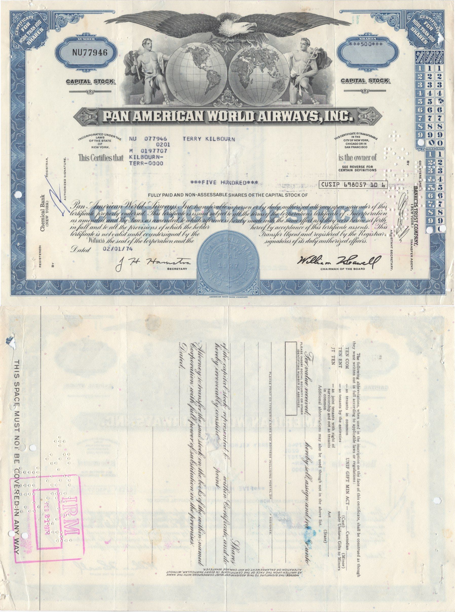 США, Pan American World Airwaysсертификат на 100 акций1974бумага5554-39-1