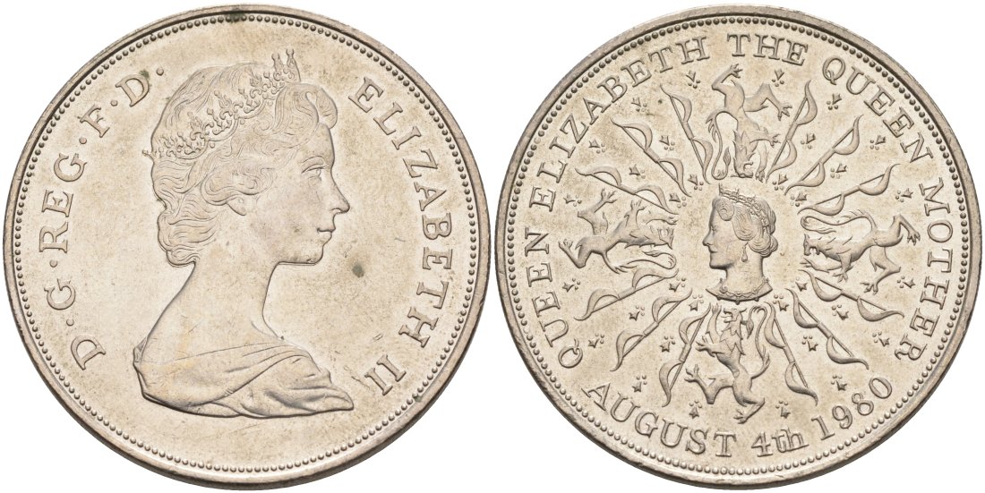 Великобритания 25 пенсов 1980 80 лет королеве Елизавете-королеве матери, Елизавета II (1952-2022) KM 921, Spink 2228 медно-никель 118-731