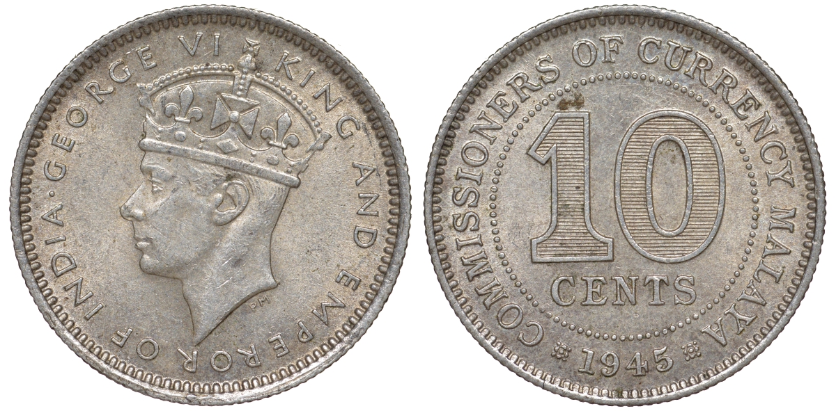 Британская Малайя 10 центов 1945 Георг VI (1937-1952) KM 4a серебро 53-264