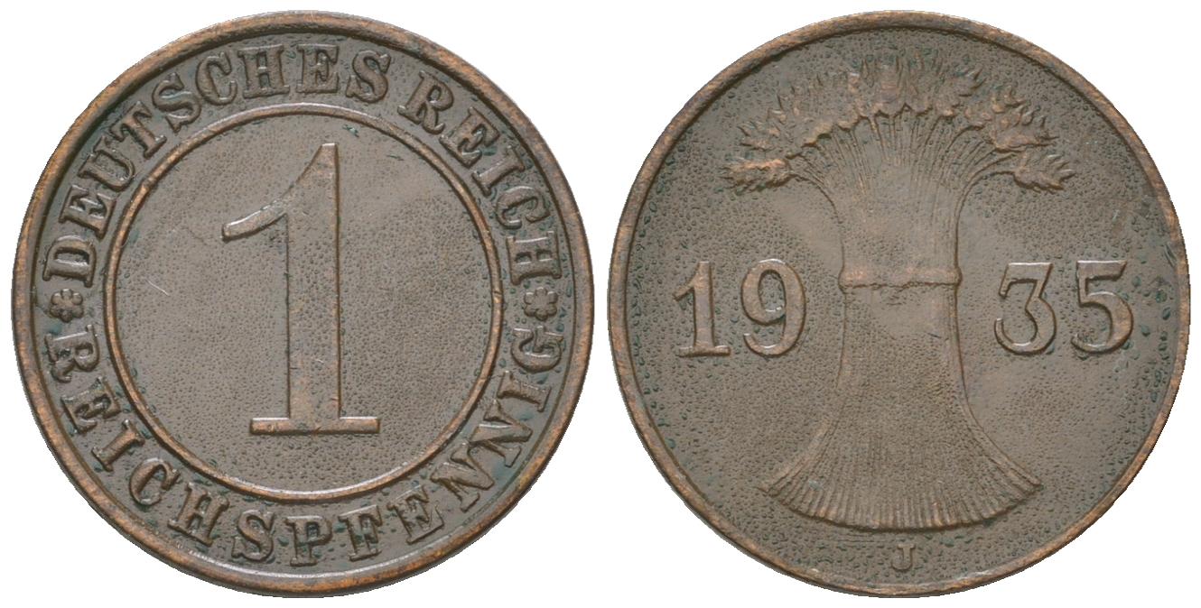 Германия 1 рейхспфенниг 1935 J KM 37, J. 313, Weege 2 бронза 4164-614