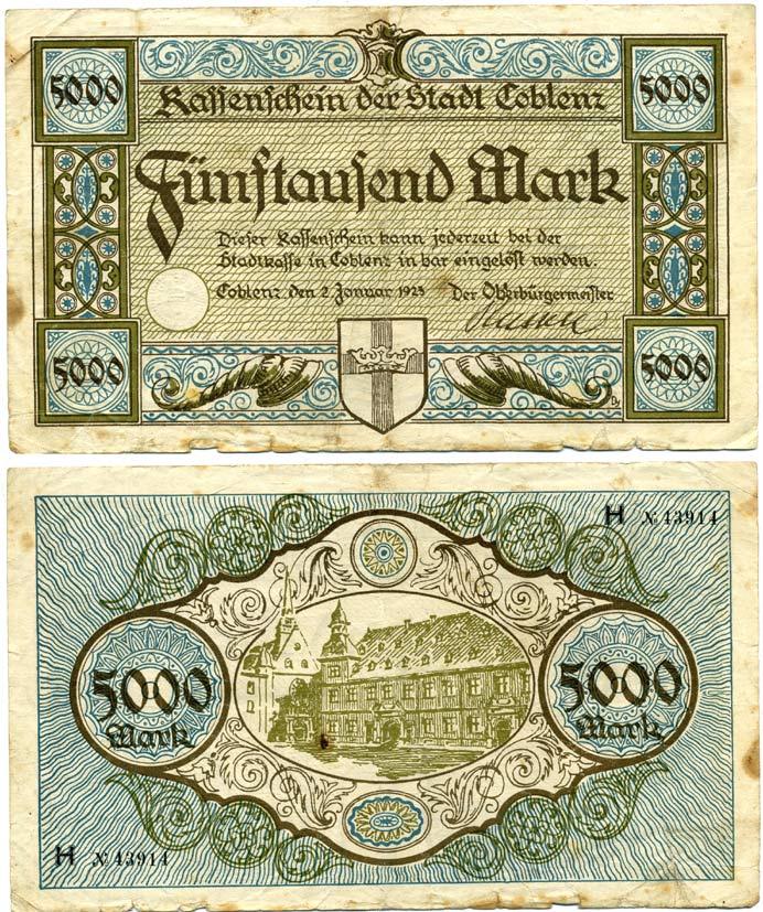 КОБЛЕНЦ 5000 МАРОК 1923 НОТГЕЛЬД, 2 ЯНВАРЯ 1923 бумага 6294-88-1