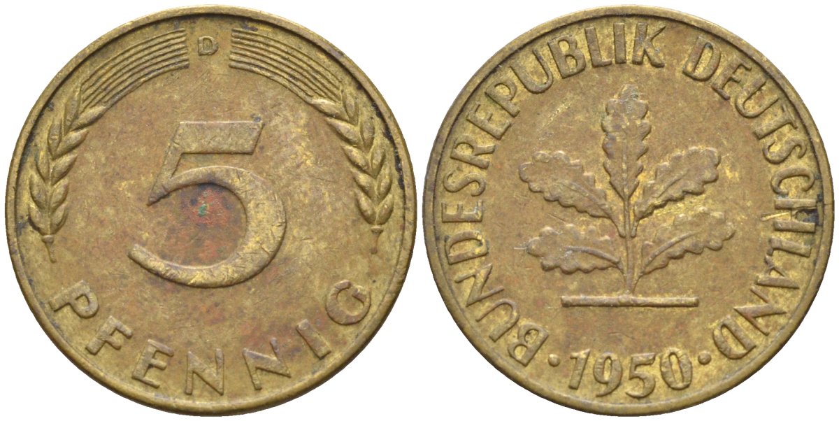 ФРГ 5 пфеннигов 1950 D KM 107, J.382 сталь плакированная латунью 4174-748