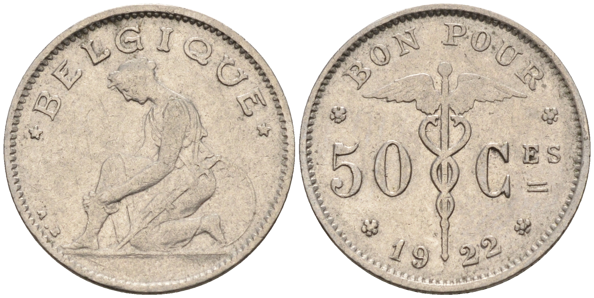 Бельгия 50 сантимов 1922 Belgique, Альберт I (1910-1934) KM 87 никель 4594-561