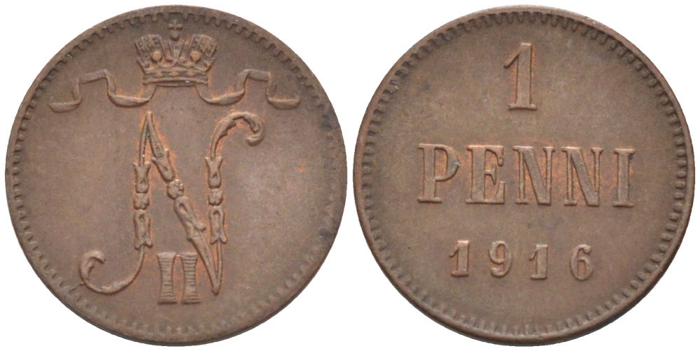 РОССИЯ ДЛЯ ФИНЛЯНДИИ 1 ПЕННИ 1916 НИКОЛАЙ II (1895-1917) KM 13, Биткин 476 медь 211-1062