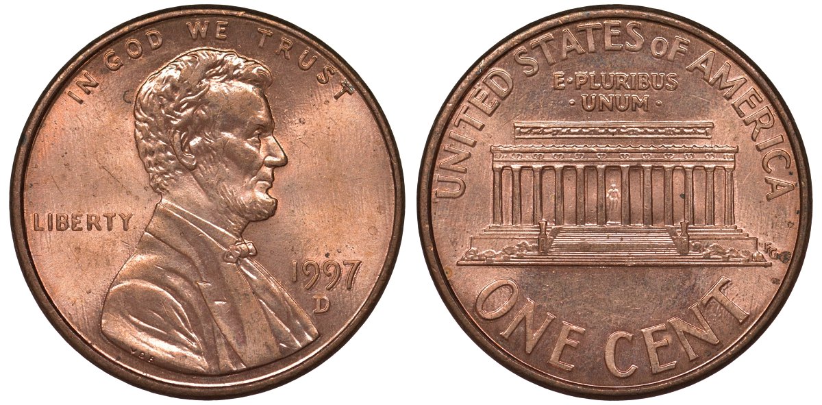 США 1 цент 1997 D, Линкольн KM 201b цинк плакированный медью 4122-231