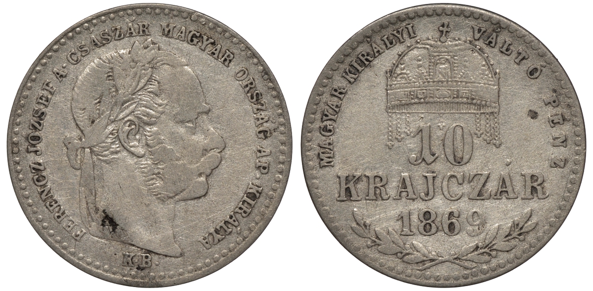 Венгрия 10 крейцеров 1869 KB, Франц Иосиф I  (1848-1917) KM 443.1 серебро 1526-1131