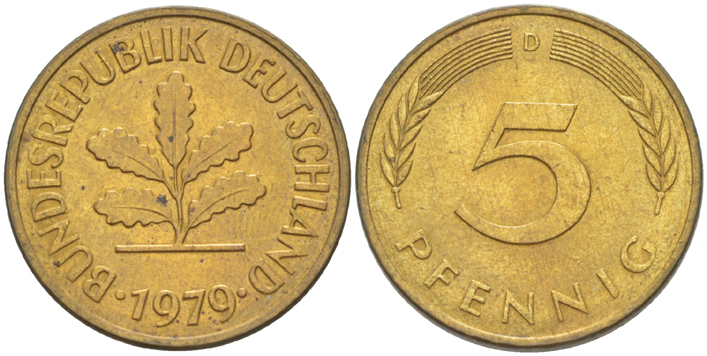 ФРГ 5 ПФЕННИГОВ 1979 D KM 107, J. 382 сталь плакированная латунью 4181-963