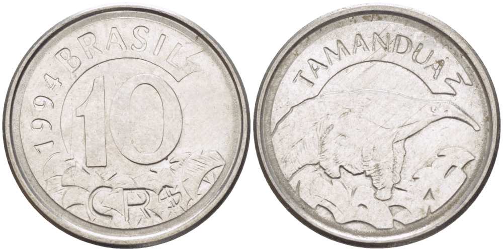 Бразилия 10 крузейро реал 1994 муравьед KM 628 нержавеющая сталь 4388-316