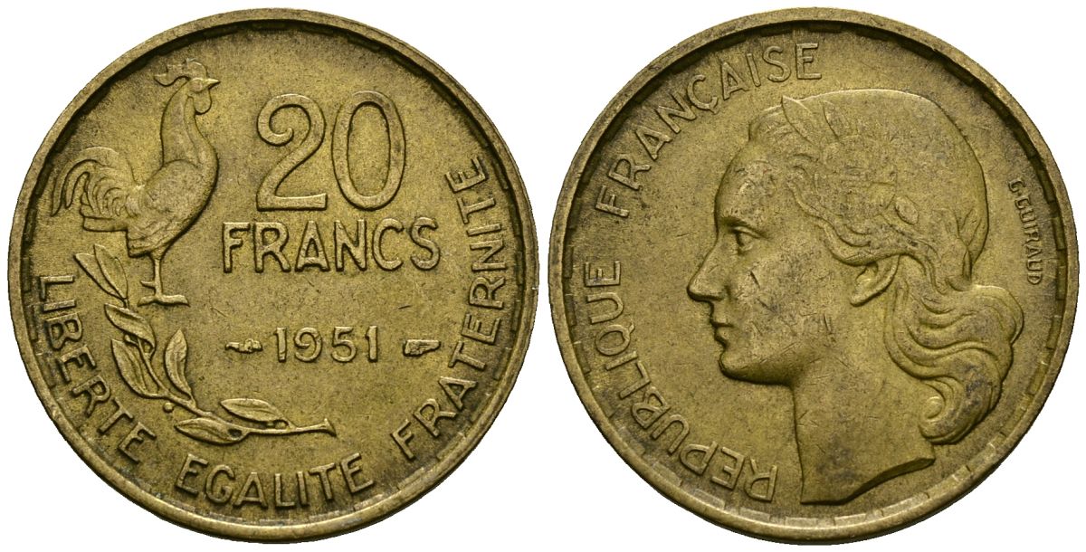 Франция 20 франков 1951 KM 917.1 алюминиевая бронза 4167-845