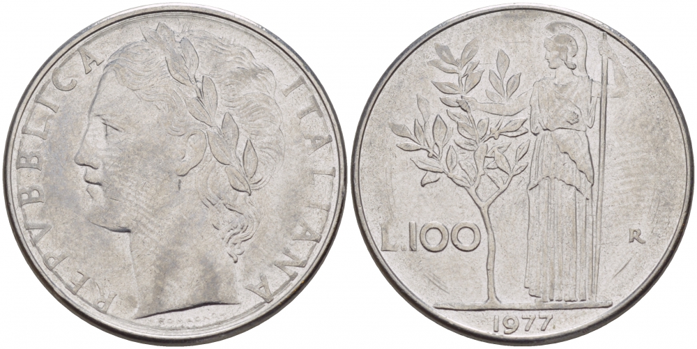 ИТАЛИЯ 100 ЛИР 1977 R , АФИНА KM 96.1 нержавеющая сталь 51-1433