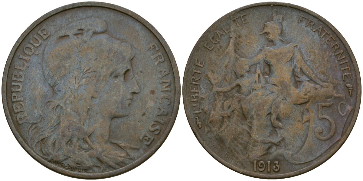 Франция 5 сантимов 1913 KM 842, Le Franc 119.5 бронза 51-2257