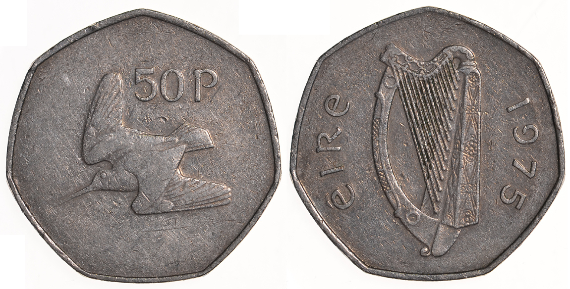 ИРЛАНДИЯ 50 ПЕНСОВ 1975 ВАЛЬДШНЕП KM 24 медно-никель 59-422