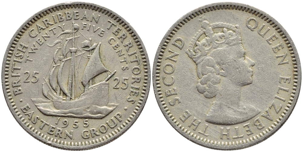 Британские Восточно-Карибские территории 25 центов 1955 Елизавета II (1952-2022), парусник KM 6 медно-никель 76-757