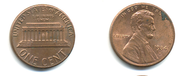 США 1 ЦЕНТ 1984 D, ЛИНКОЛЬН KM 201b цинк плакированный медью 86-144