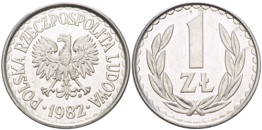 ПОЛЬША 1 ЗЛОТЫЙ 1982 MW, НАБОРНАЯ KM 49.1, Parchimowicz 213u алюминий UNC 216-836
