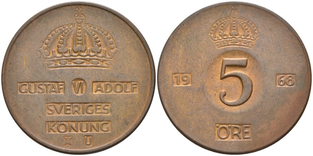 Швеция 5 эре 1968 U, Густав VI Адольф (1950-1973) KM 822 бронза 4557-826