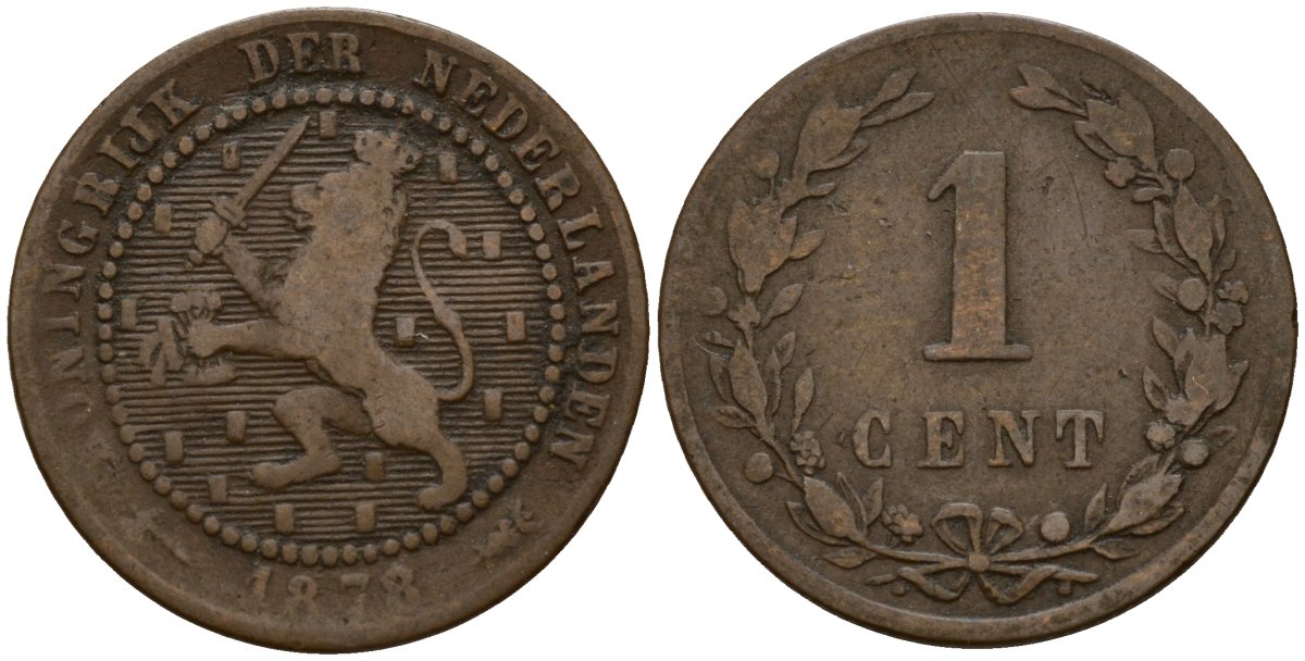Нидерланды 1 цент 1878 Виллем III (1849-1890) KM 107 бронза 4154-858