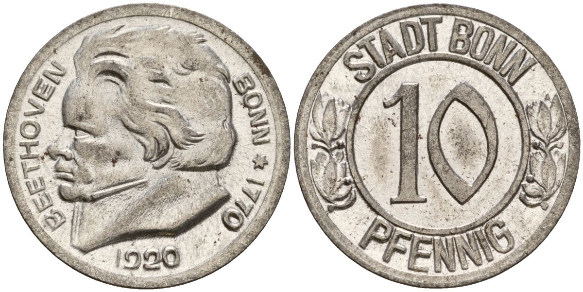Германия, Бонн 10 пфеннигов 1920 Бетховен, Северный Рейн-Вестфалия, нотгельд Funck 51.1A железо 08-951