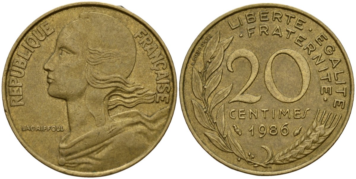 Франция 20 сантимов 1986 KM 930 алюминиевая бронза 4156-712