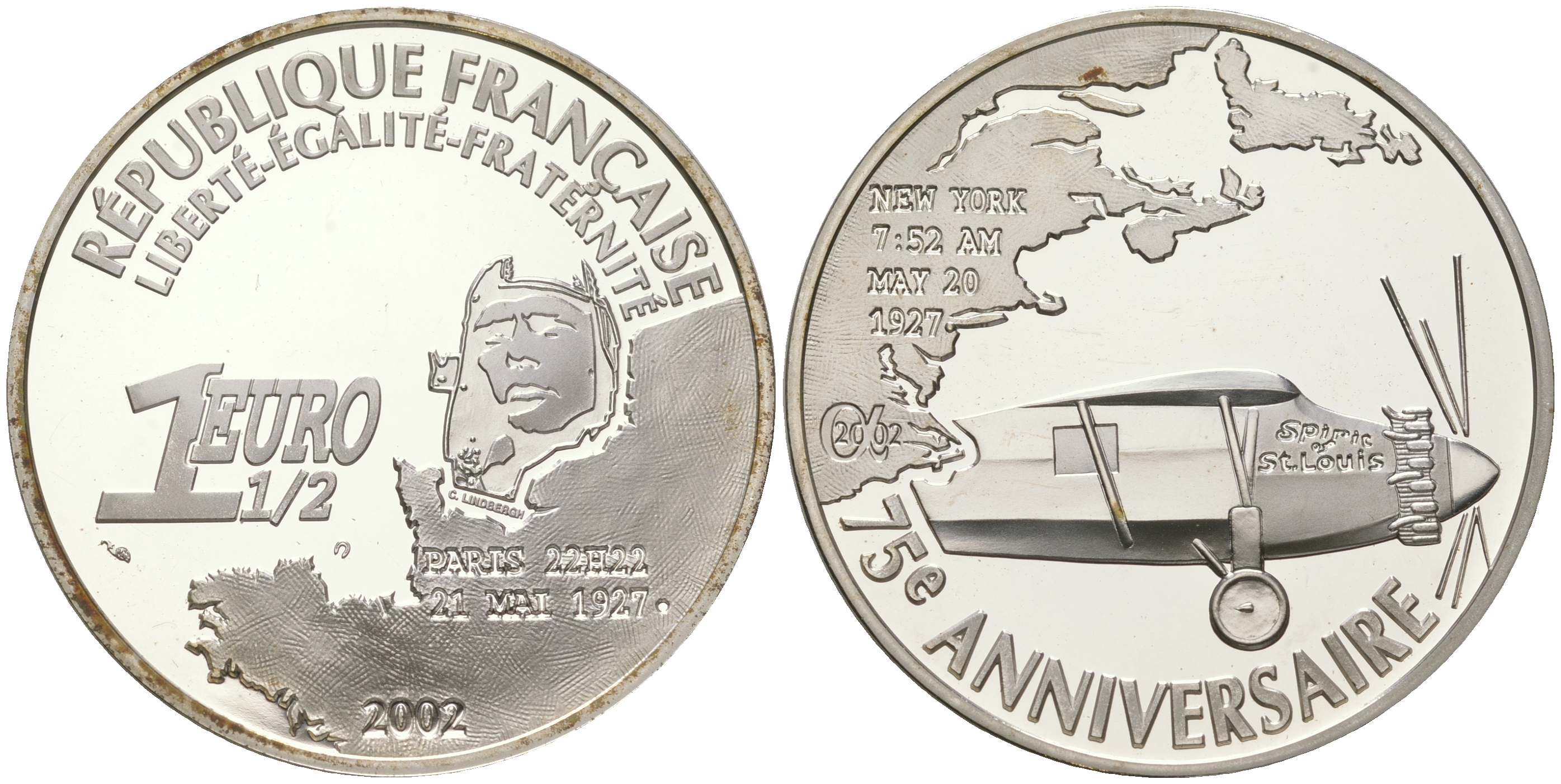 Франция 1 1/2 евро 2002 75 лет перелету Линдберга, Париж - Нью-Йорк, 20 мая 1927 года, самолет KM 1310 серебро PROOF 1091-3-52