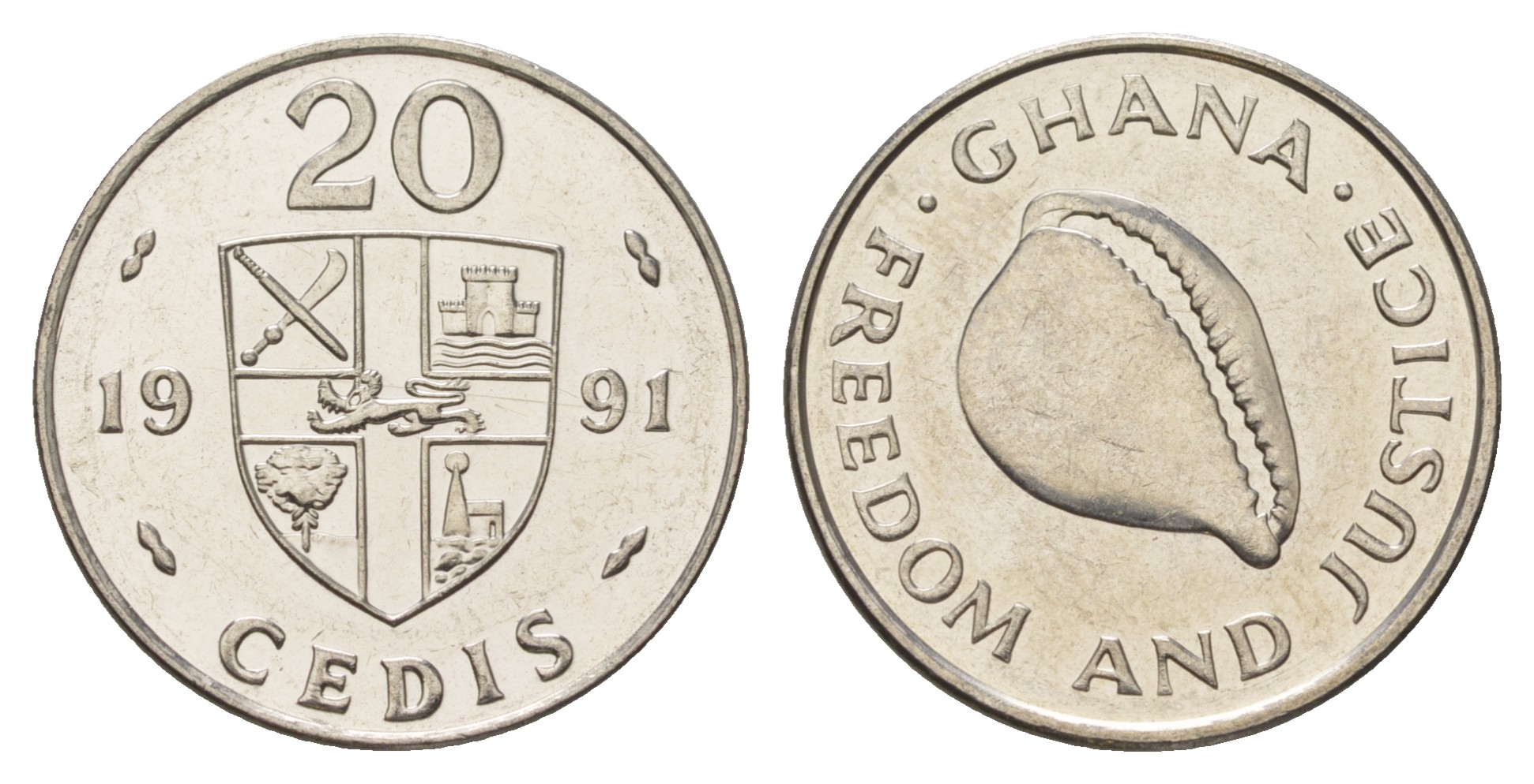 Гана 20 седи 1991 раковина KM 30 никелированная сталь  UNC  M65-08