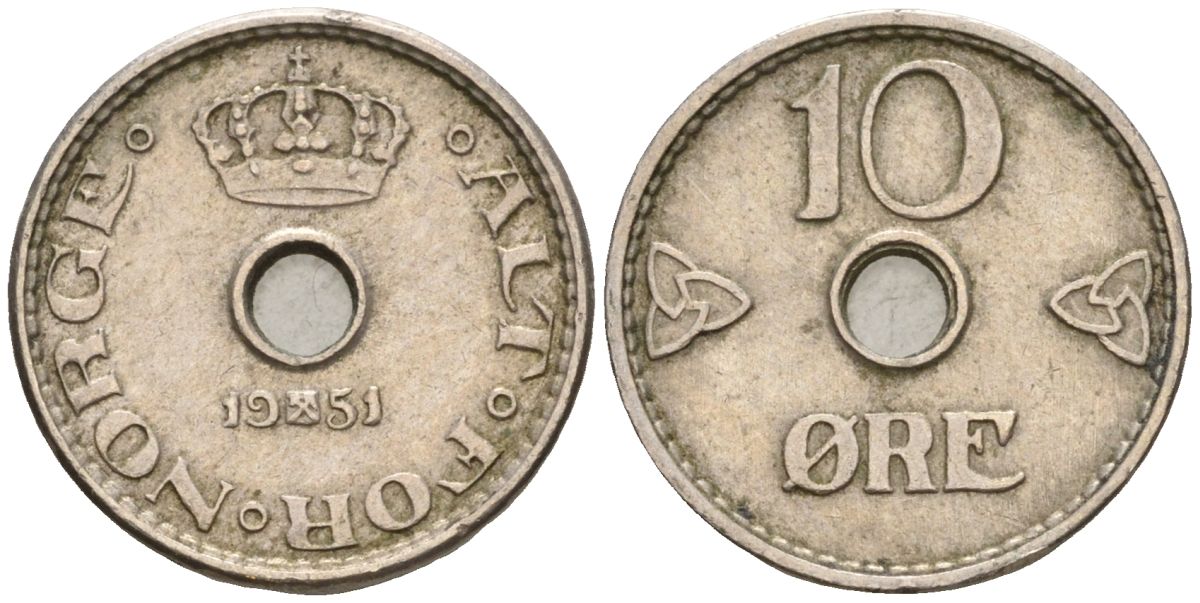 Норвегия 10 эре 1951 Хокон VII (1905-1957) KM 383 медно-никель 4608-336