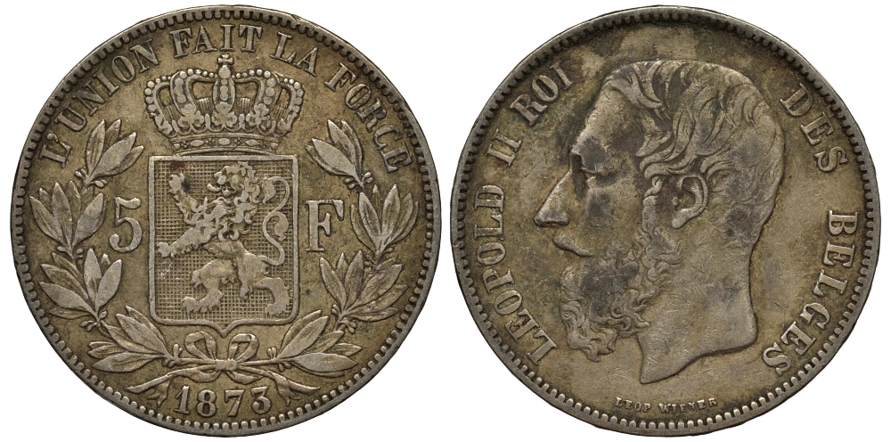 Бельгия 5 франков 1873 Леопольд II (1865-1909), позиция А KM 24 серебро 443-932