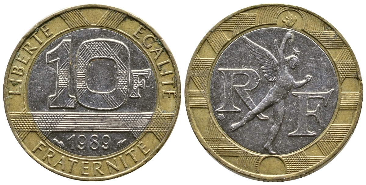 Франция 10 франков 1989 тип гений Бастилии KM 964.1, Le Franc 375.3 биметалл  51-5125