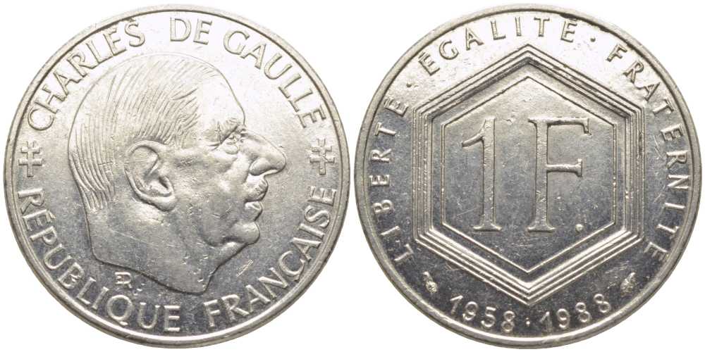 ФРАНЦИЯ 1 ФРАНК 1988 ШАРЛЬ ДЕ ГОЛЛЬ, 30 ЛЕТ РЕСПУБЛИКЕ KM 943, LA FRANC 227.2 никель 175-552