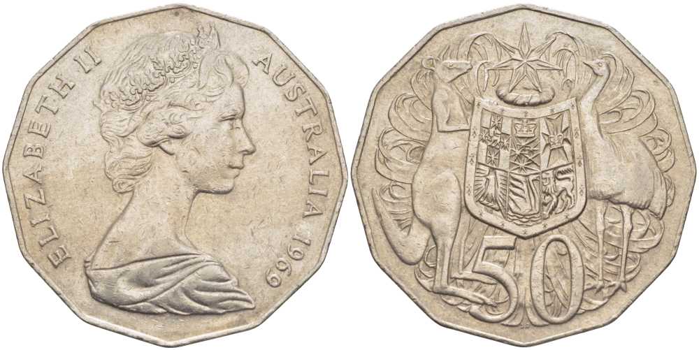 Австралия 50 центов 1969 Елизавета II (1952-2022), герб Австралии, кенгуру KM 68 медно-никель 107-111