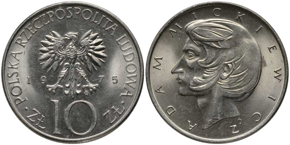 Польша 10 злотых 1975 MW, Адам Мицкевич (1798-1855) KM 74, Parchimowicz 242a медно-никель UNC 180-313
