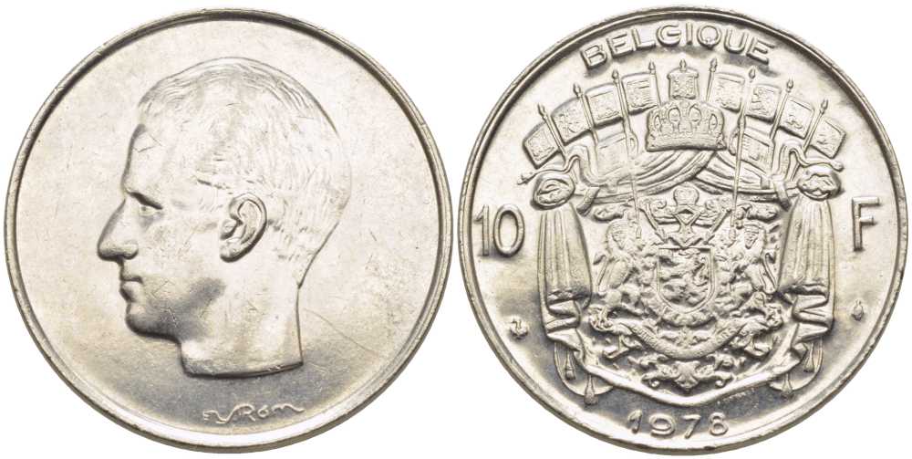 Бельгия 10 франков 1977 Belgique, Бодуэн I (1951-1993) KM 155.1 никель 115-724