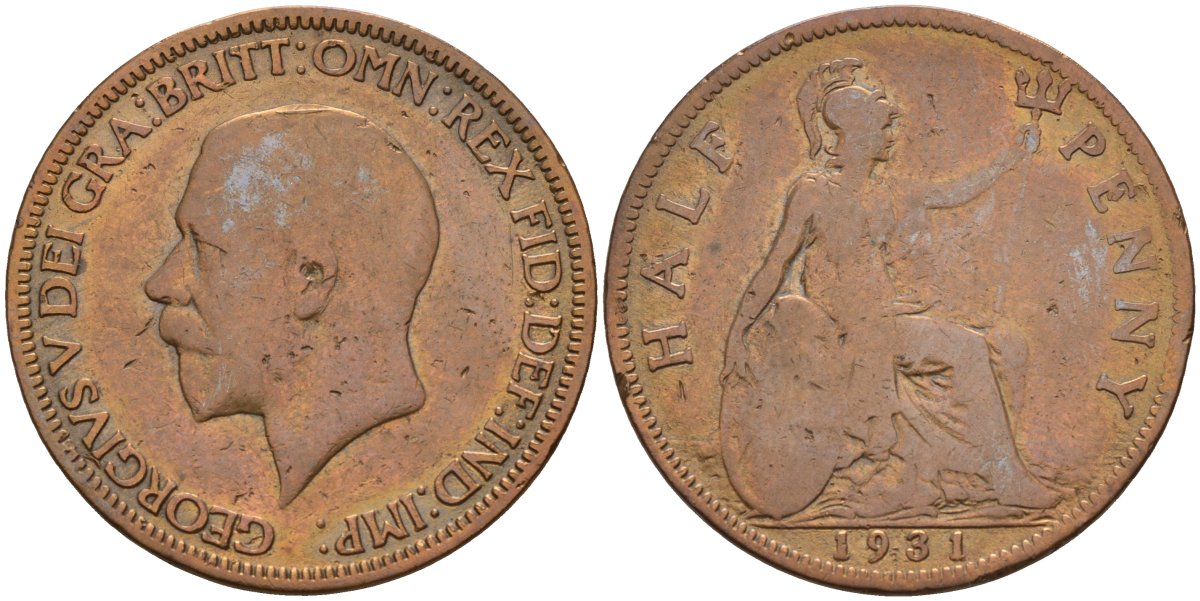 Великобритания 1/2 пенни 1931 Георг V (1910-1936) KM 837, Spink 4058 бронза 4143-715