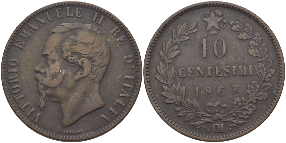 Италия 10 чентезимо 1867 OM, Виктор Эммануил II (1861-1878) KM 11.5 медь 97-1021