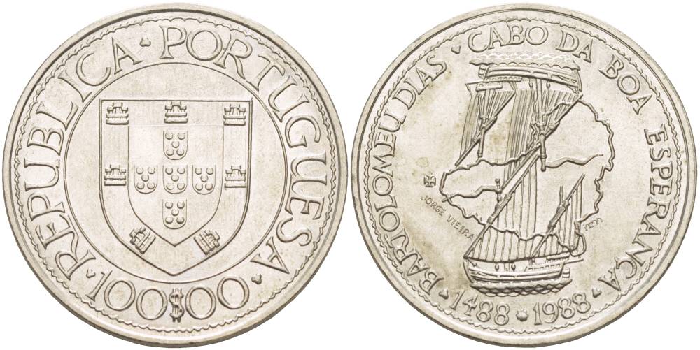 Португалия 100 эскудо 1988 серия золотой век португальских открытий, Бартоломеу Диаш KM 642 медно-никель UNC 4537-521