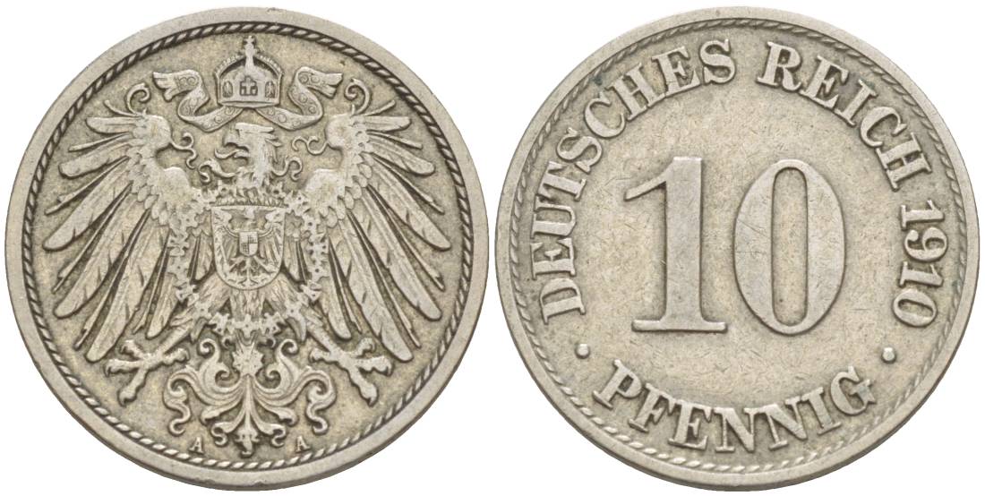 Германия 10 пфеннигов 1910 A KM 12, Jager 13, Weege 8 медно-никель 219-155