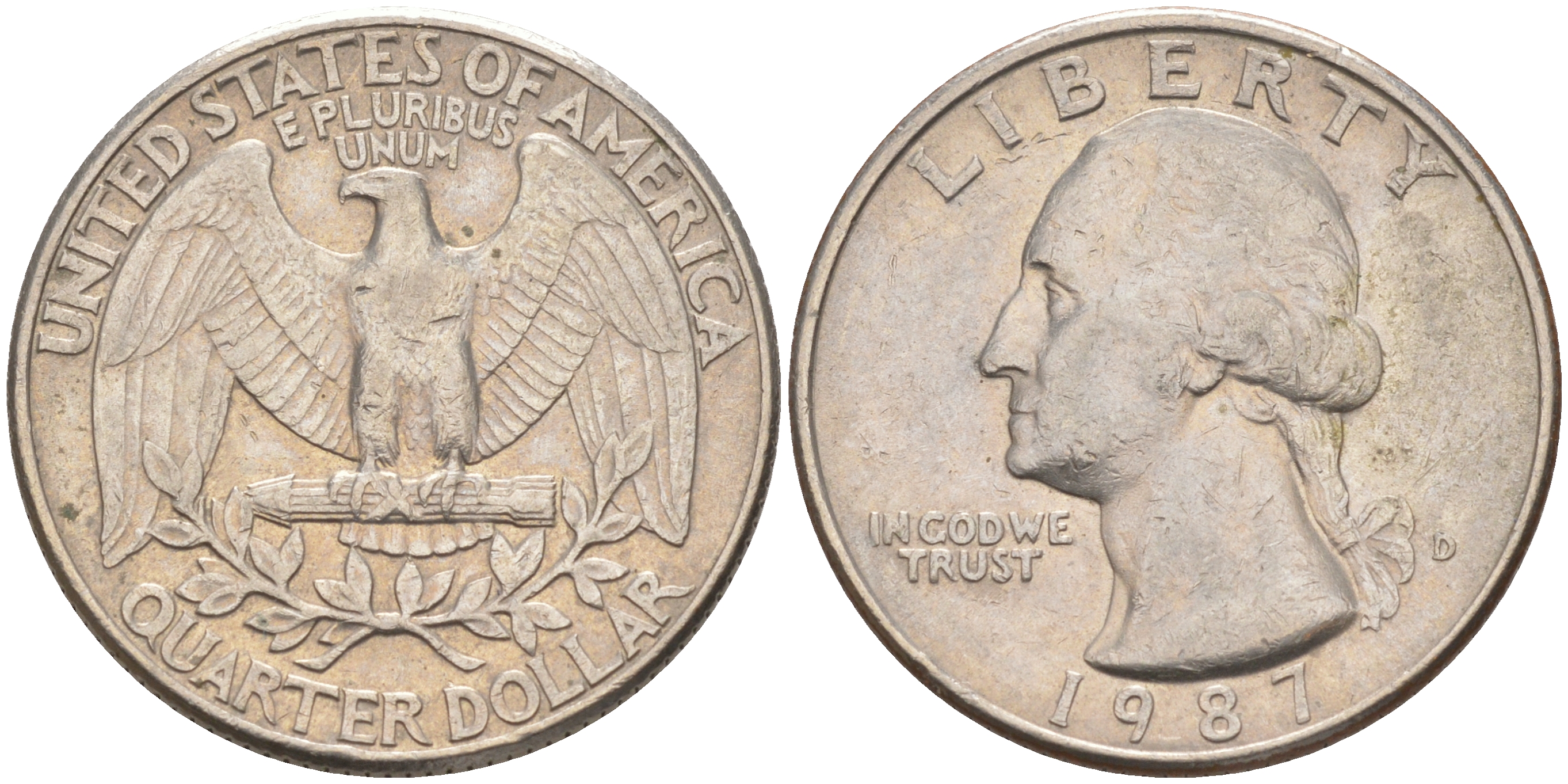 США 25 ЦЕНТОВ = КВОТЕР 1987 D, ВАШИНГТОН KM A164a медь плакированная медно-никелем 4114-923