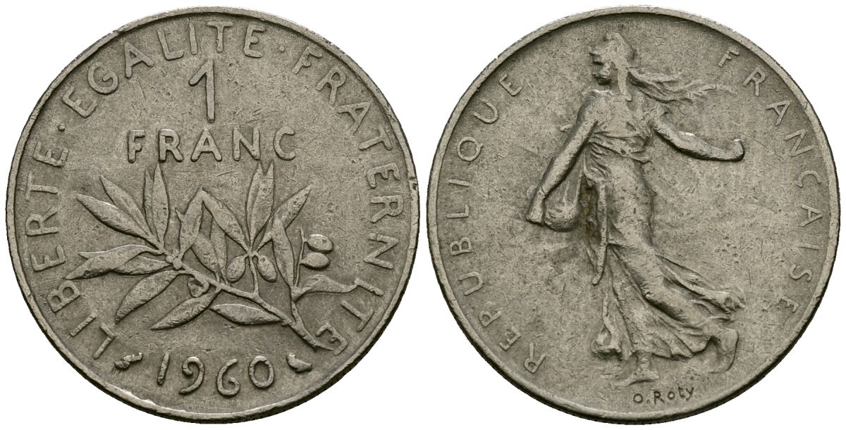 Франция 1 франк 1960 сеятель KM 925 никель 4135-752