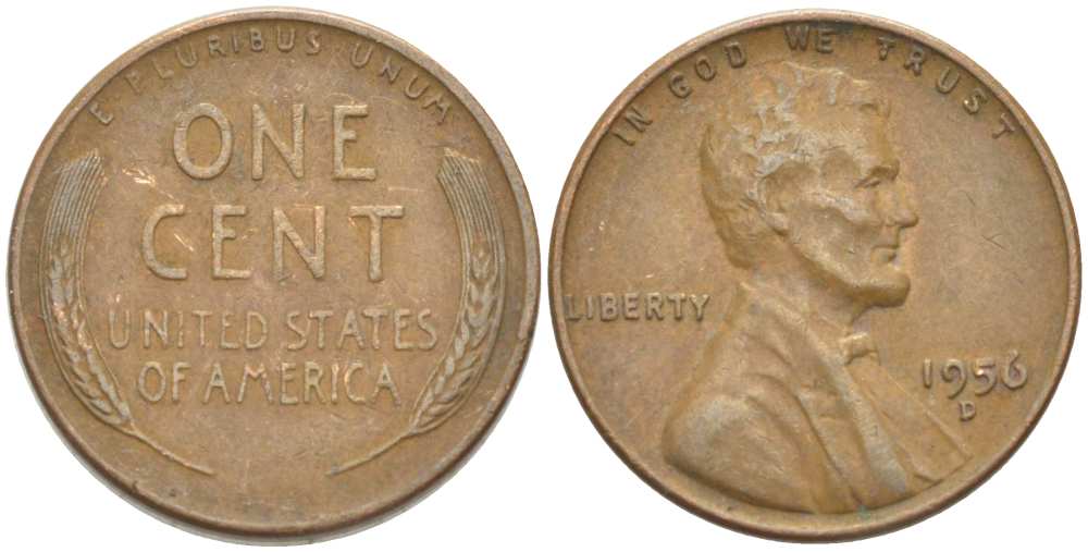 США 1 ЦЕНТ 1956 D, ЛИНКОЛЬН KM А132 медь цинк 218-1031