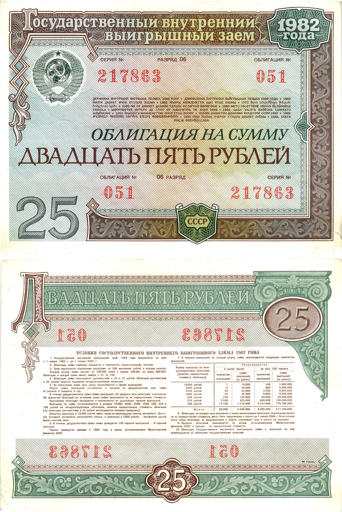 СССР облигация в 25 рублей 1982 государственный внутренний выигрышный заем, разряд 06   бумага  aUNC 8609-47-2-2