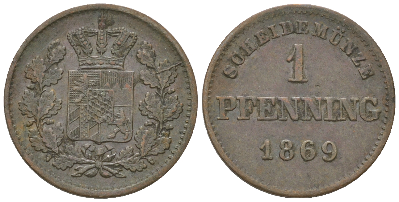 Бавария 1 пфенниг 1869 Людвиг II (1864-1886) AKS 185 медь 4679-956