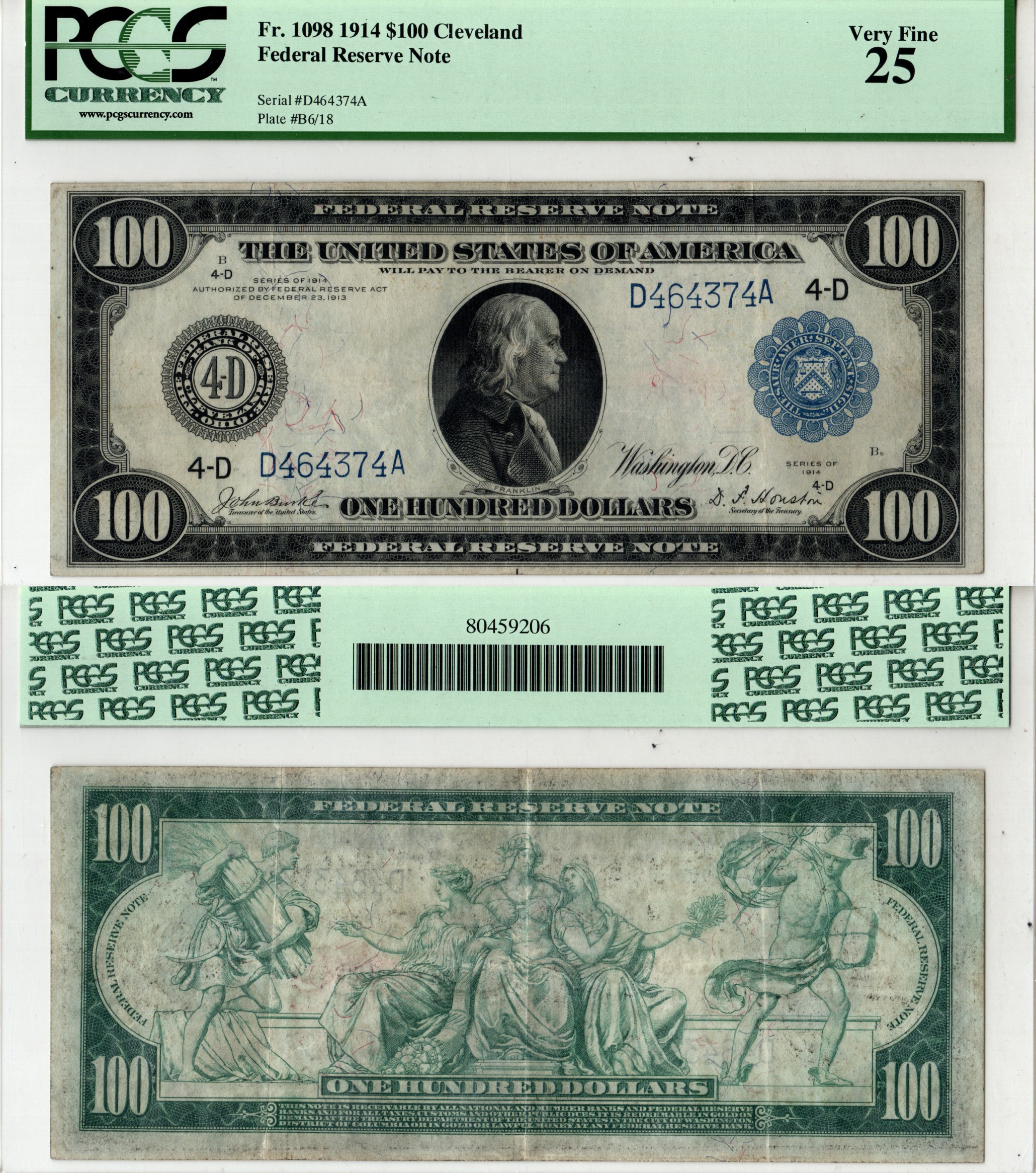 США, Federal Reserve Note 100 долларов 1915 Кливленд. В слабе компании PCGS Currency. Сохранность - «25». Fr. 1098  бумага   10-3-14