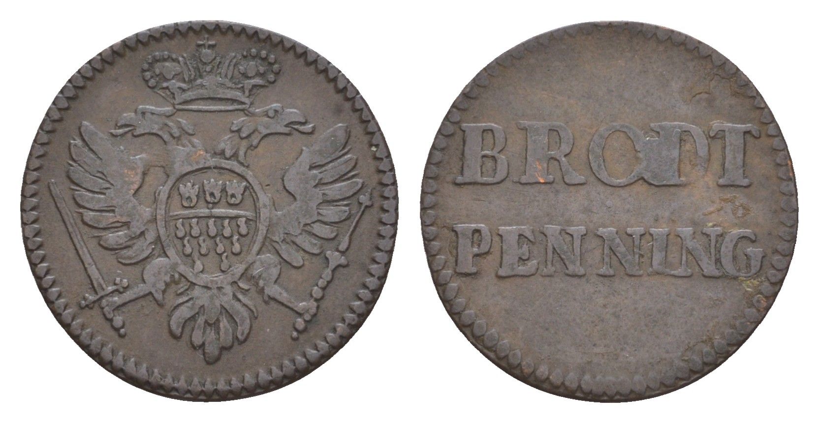 Кельн 1 пфенниг - Хлебный жетон ND (1739-1740) Brodt Penning KM Tn2 медь 413-2343