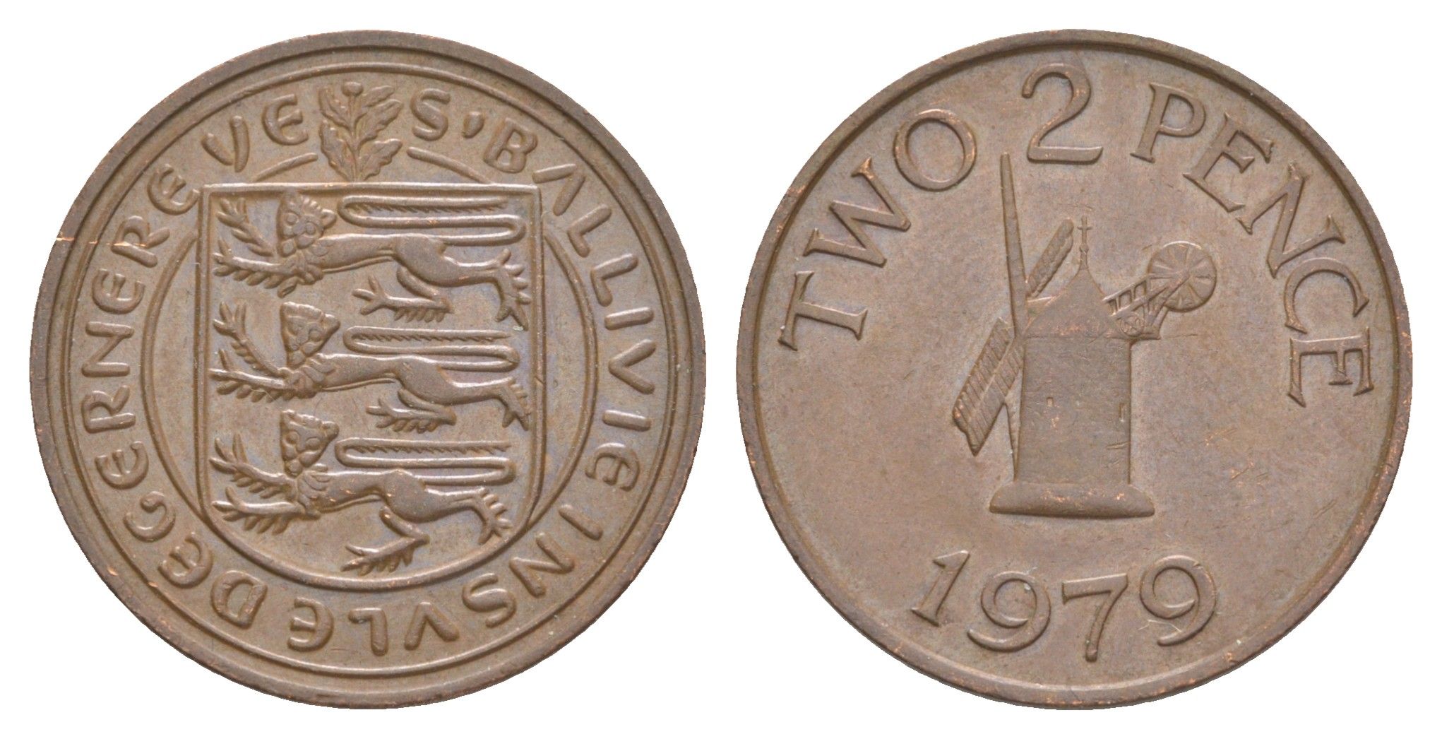 Гернси 2 пенса 1979 Елизавета II (1952-2022), ветряная мельница KM 28 бронза 4566-156