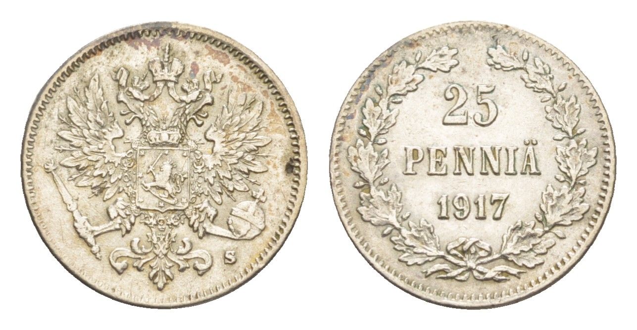 Россия для Финляндии 25 пенни 1917 S, Николай II (1894-1917), Орел с тремя коронами Биткин 422 серебро 4651-636