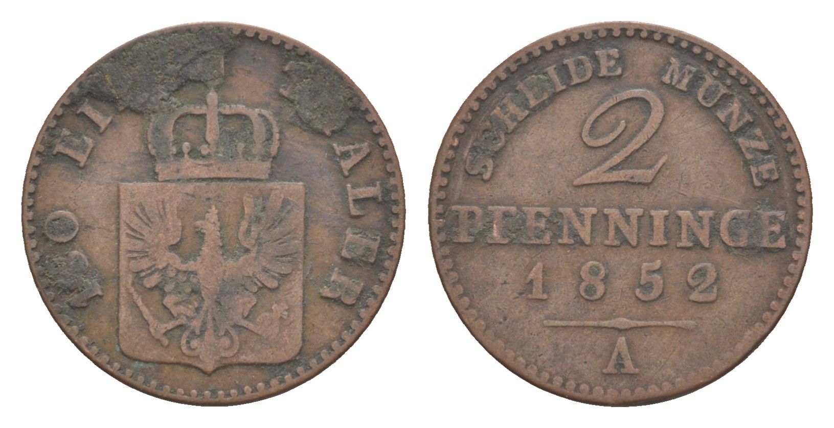 Пруссия 2 пфеннига 1852 A, Фридрих Вильгельм IV (1840-1861) KM 452, Jaeger 51, Olding 336, AKS 91 медь 4651-249