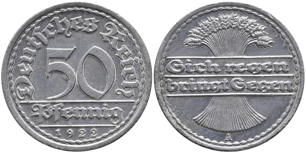 ГЕРМАНИЯ 50 ПФЕННИГОВ 1922 А KM 27, J. 301, Weege 10 алюминий 51-813