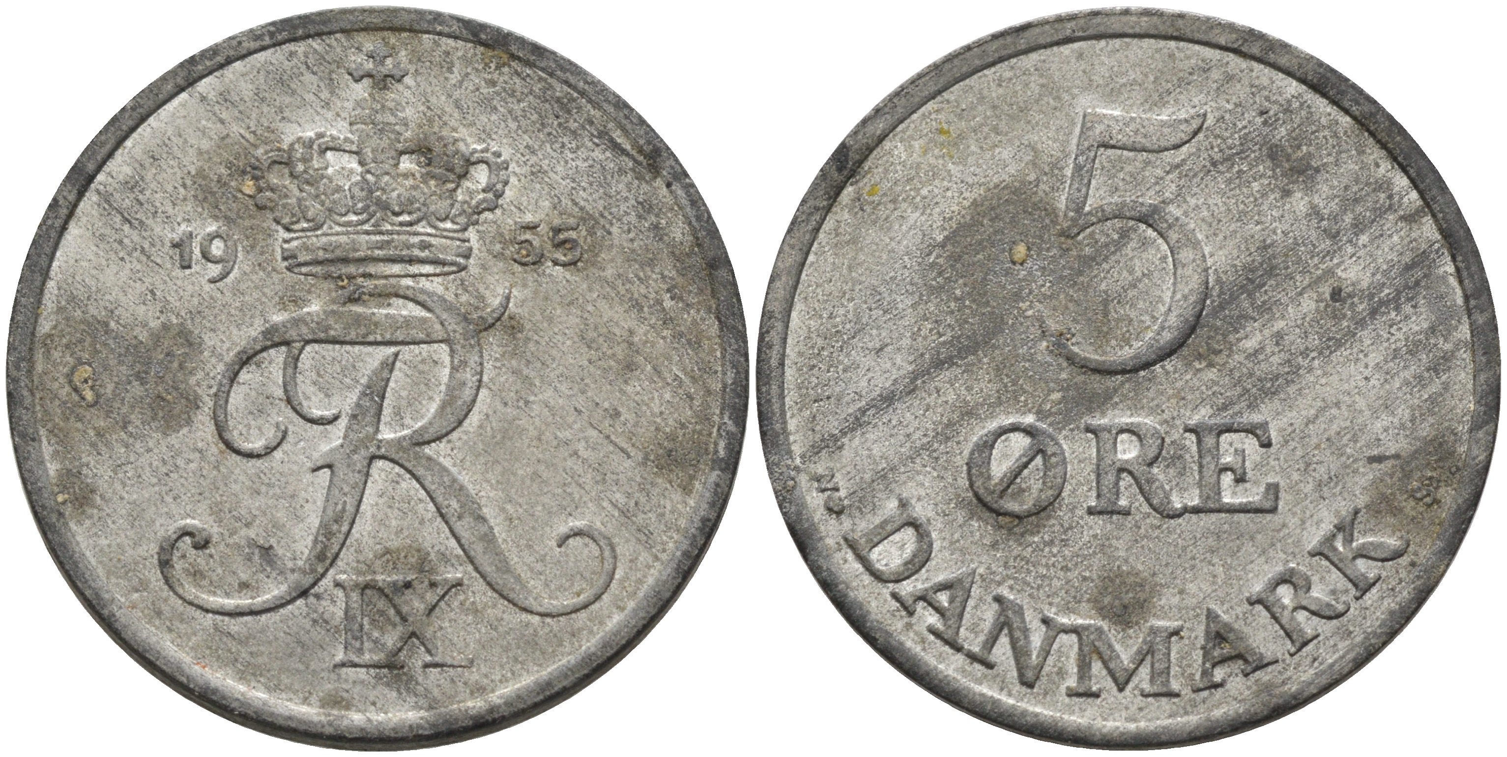 Дания 5 эре 1955 N; S, Фредерик IX (1947-1972) KM 843.1 цинк 4565-733