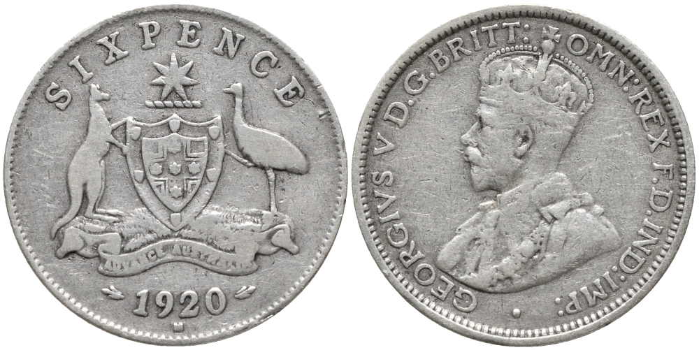 Австралия 6 пенсов 1920 M, Георг V (1910-1936), герб Австралии KM 25 серебро 220-856